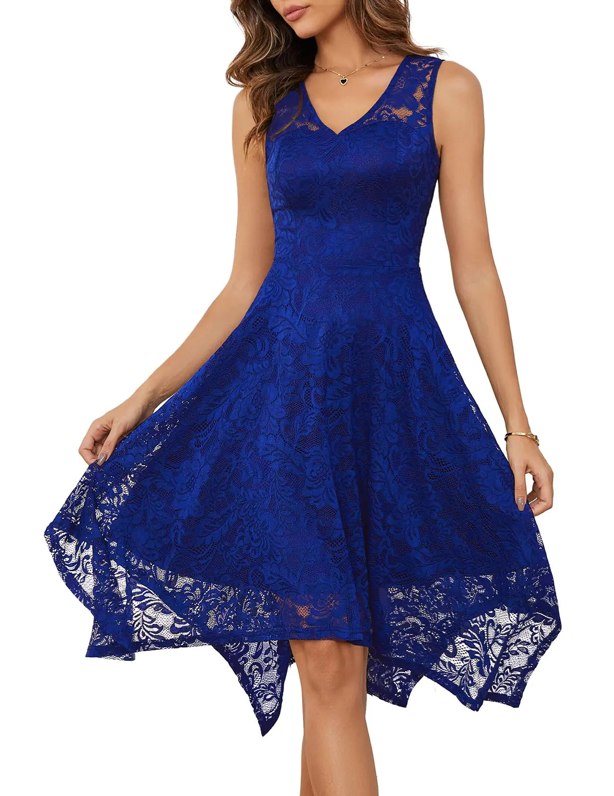 Meetjen Wedding Guest Dress Lace Bridesmaid Dress V-Neck Cocktail Dresses Handkerchief Hem Fancy Dress RoyalBlue 3XL