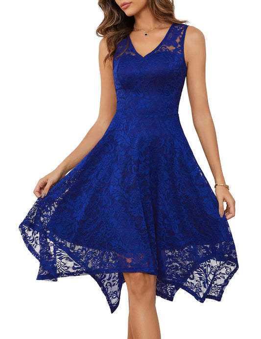 Meetjen Wedding Guest Dress Lace Bridesmaid Dress V-Neck Cocktail Dresses Handkerchief Hem Fancy Dress RoyalBlue 3XL
