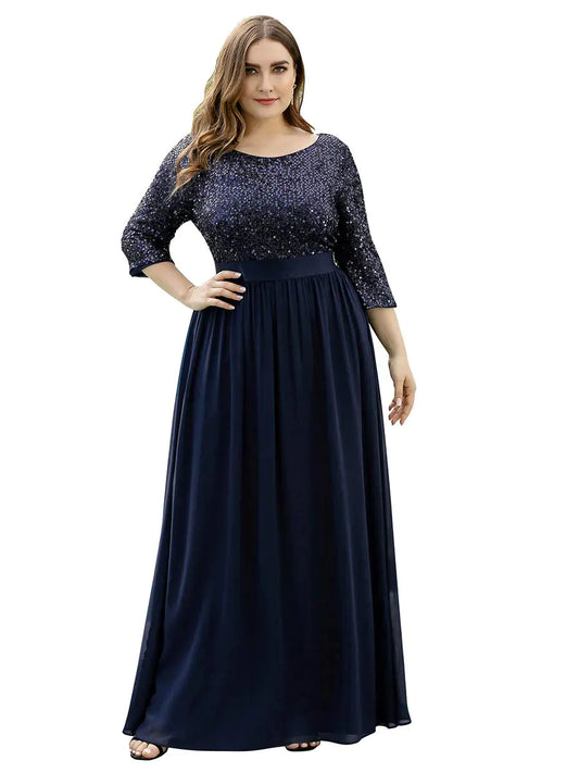 Ever-Pretty Womens Round Neck Maxi Dresses Sequin Plus Size Formal Dresses for Women Navy Blue US18