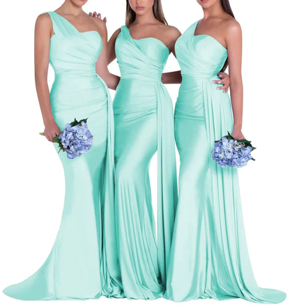 One Shoulder Mermaid Bridesmaid Dresses for Women Satin Ruched Prom Dresses Bodycon Formal Evening Gowns Blue Turquoise Size 14