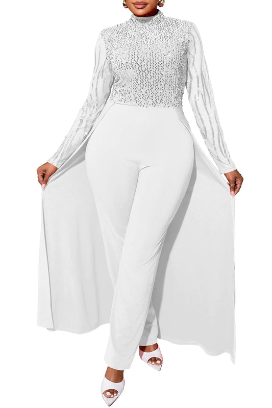 VERWIN Plus Size Sequins Jumpsuit for Women Patchwork Overlay Full Length Womens Jumpsuit High-Waist Woman Romper 5XL White